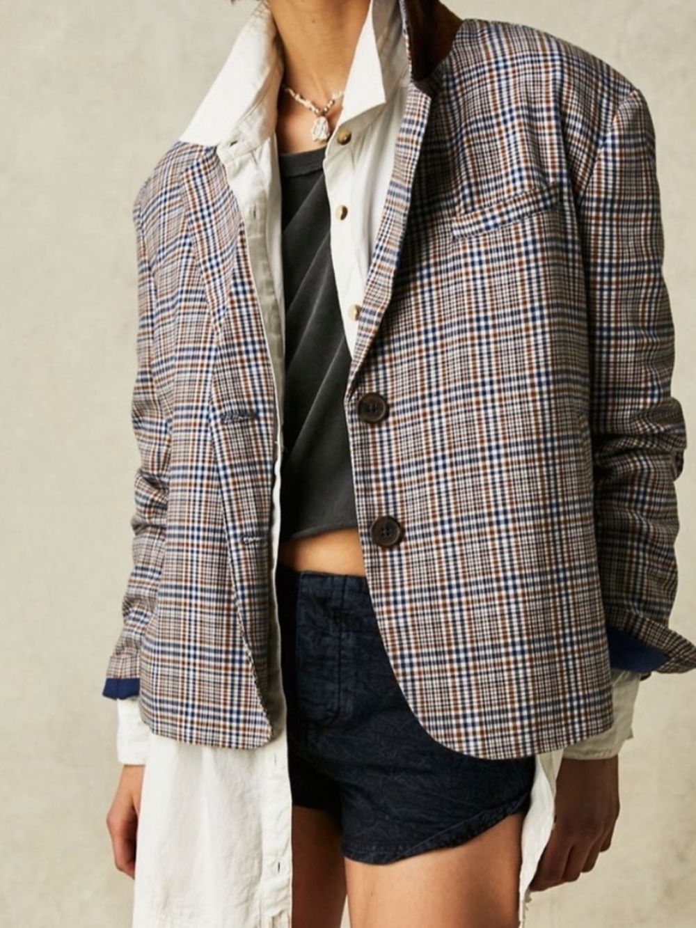 Free People We The Free Cali Plaid Blazer Blue Combo | Size Small